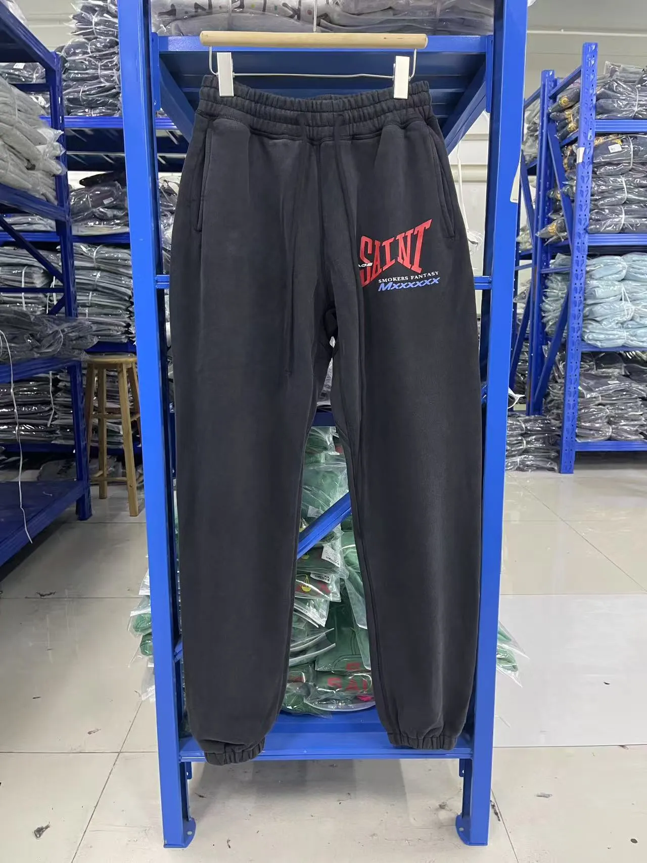 In stock KST1022 style washed black P240 Saint Michael 25SS "SMOKERS FANTASY" letter printed washed distressed elastic sweatpants size S-M-L-XL